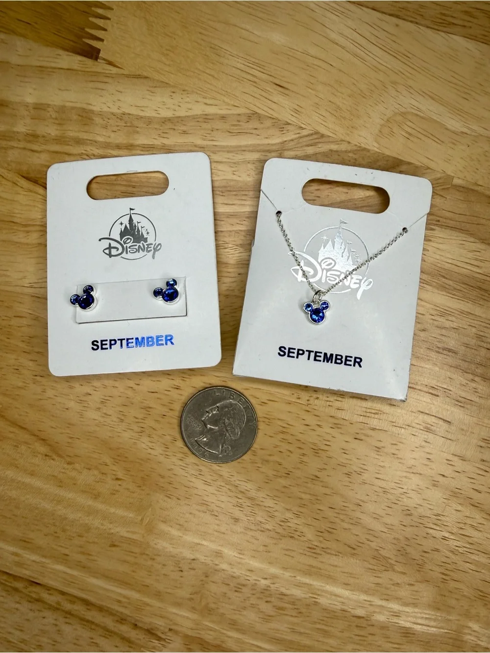 Disney Blue Mickey Mouse Necklace and Stud Earrings Set September Birthstone NWT